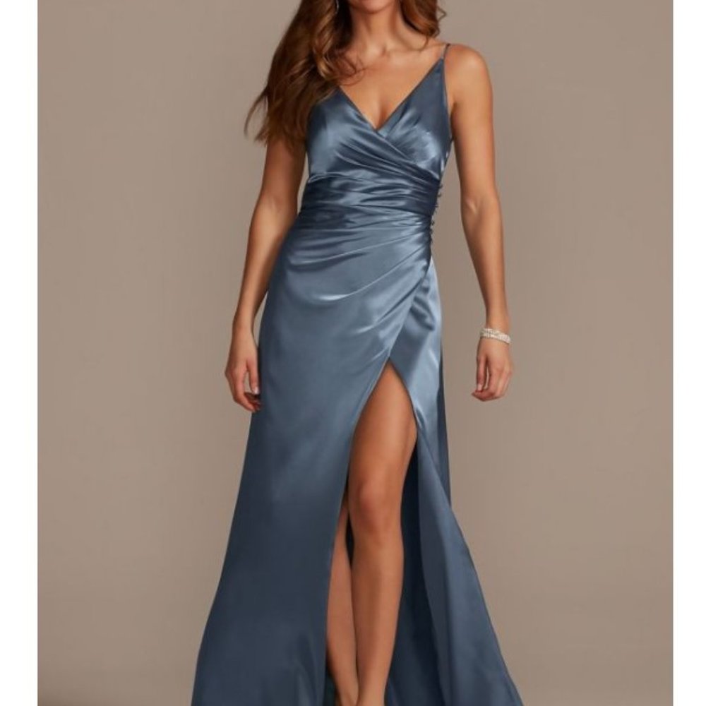 David’s Bridal Galina Signature Steel Blue Draped Strappy Bridesmaid